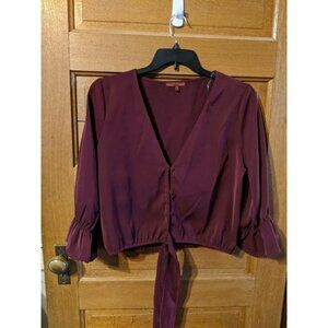 Red EKE Top Shirt Size L Red Maroon Waist Tie Ruffle Sleeves